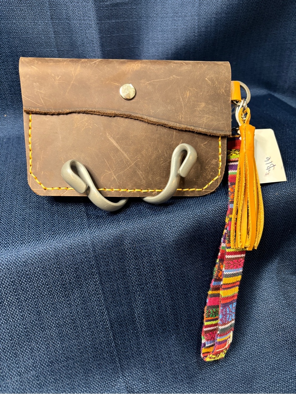 Brown Leather Card Wallet with Yellow Tassel Wristlet